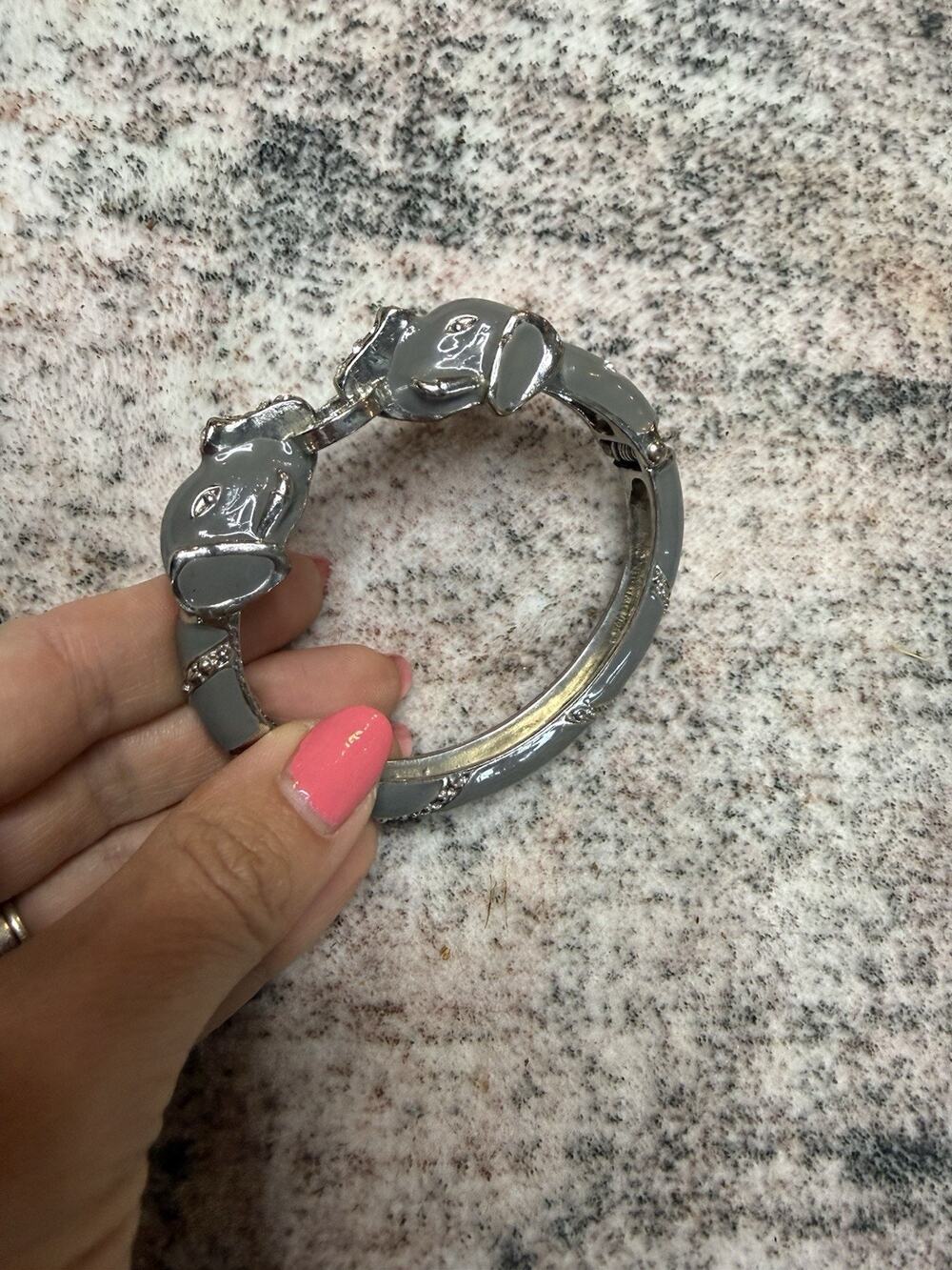 Vintage Elephant Bracelet Gray Enamel Rhinestones Clamp Bracelet Hinged